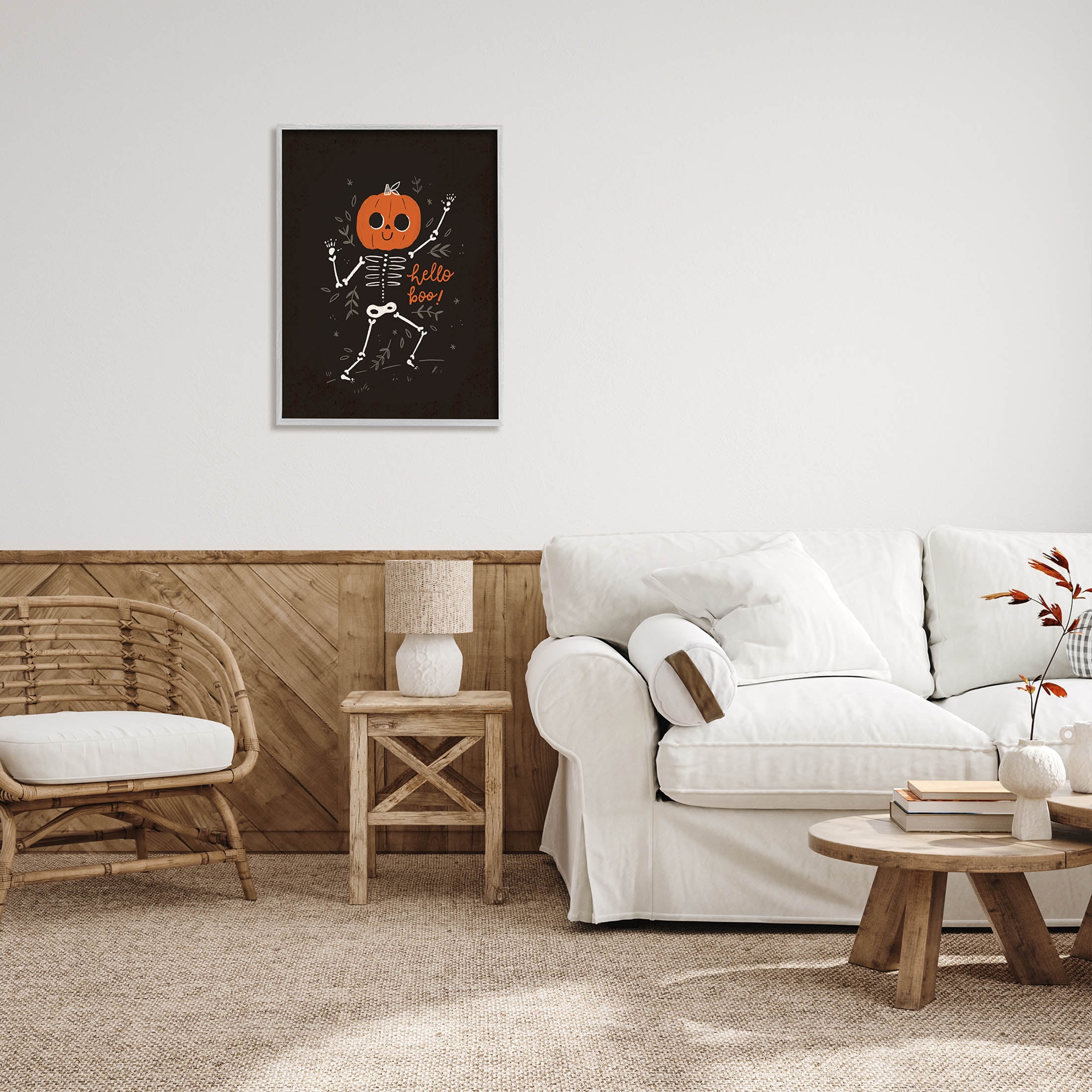 Hello Boo Halloween Smiling Skeleton Holiday Graphic Art Gray Framed Art Print Wall Art