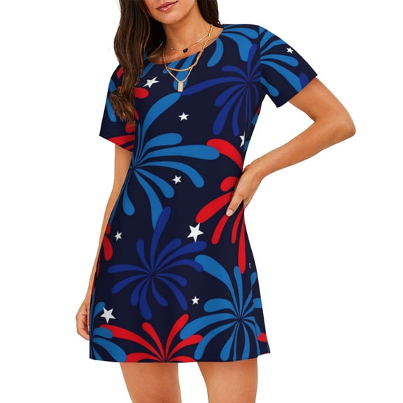 Vsdgher Red White Blue Fireworks Pattern Womens Short Sleeve Sleepshirt Scoopneck Cute Nightdress Ruffle Comfy Nightgown