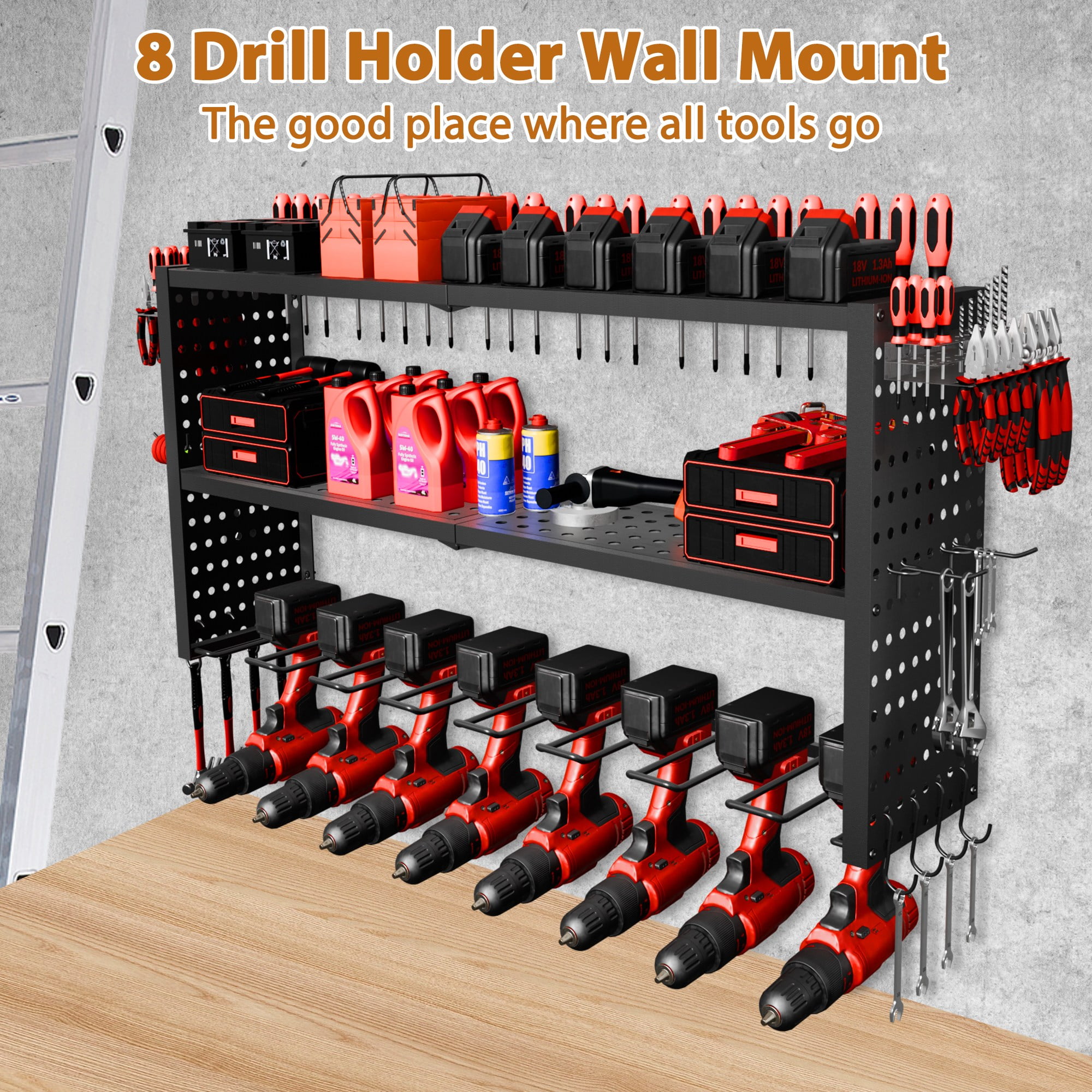 SQIREP Power Tool Organizer,3 Layers Storage Rack with 8 Drill Holders,Tool Organizer Wall Garage Organizer for Garage Organization, Workbench, Pegboard, Shed