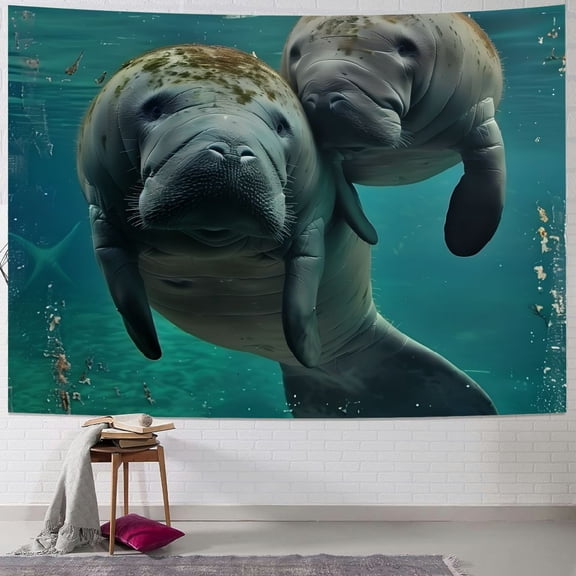 Autua Manatees Baby Manatee Aquatic Tapestry Wall Hanging Unique Style Graphic Tapestries Home Wall Decor Art for Living Room Bedroom Apartment Farmhouse Dorm 40x30inch