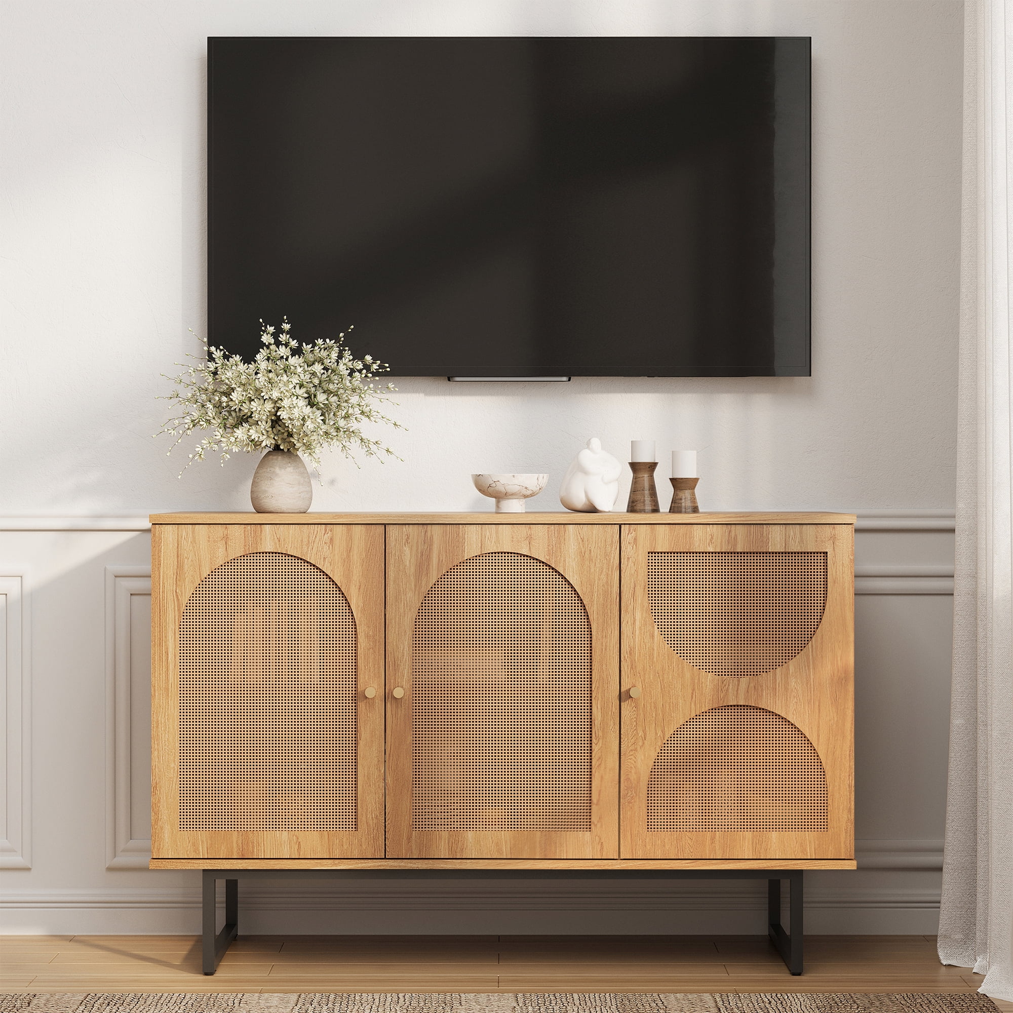 Sideboard Buffet Cabinet with 3 Rattan Doors, 47.2” Kitchen Storage Cabinet with Adjustable Shelf and Metal Legs for Dining Living Room, Hallway, Entryway, Beige