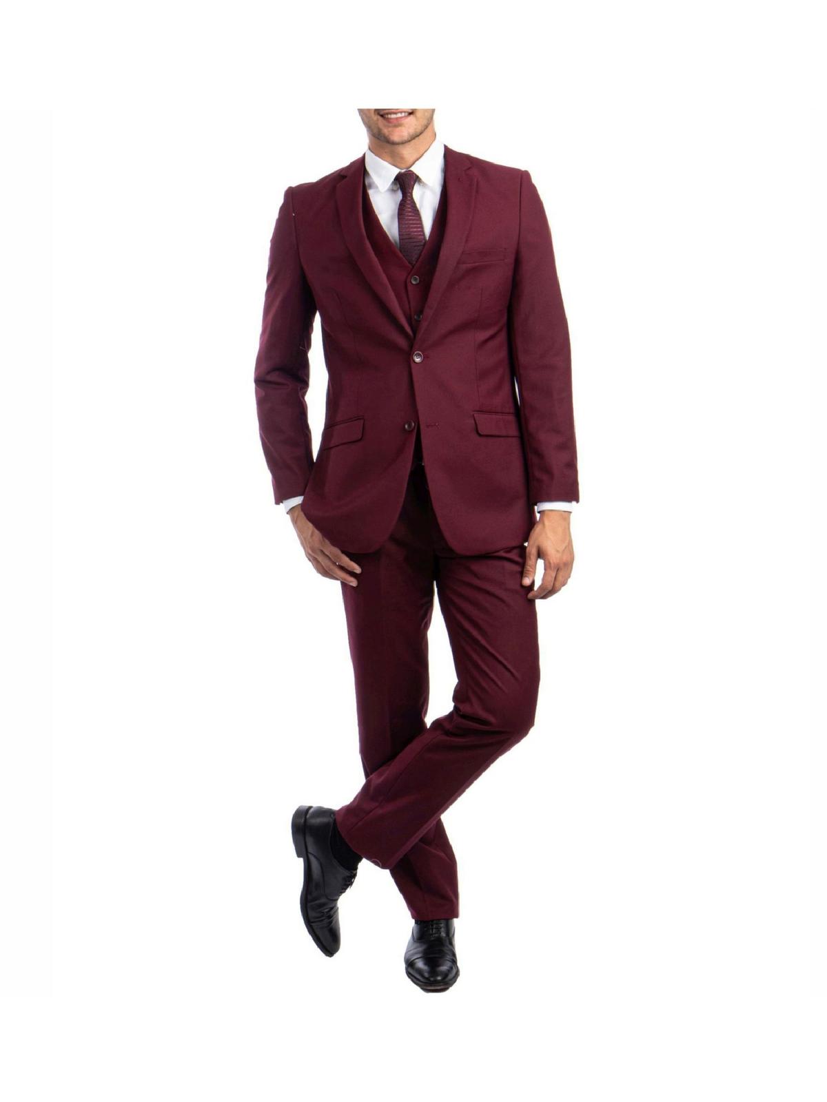 VINCI Men's Burgundy 3-Piece Slim Suit With Vest | Wedding, Business, Formal