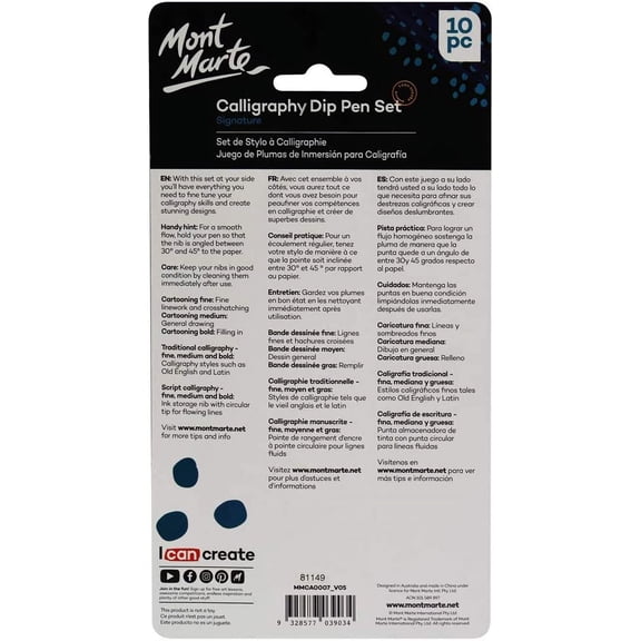 Mont Marte Signature Calligraphy Dip Pen Set, 9 Nibs, Includes Wooden Dip Pen Handle, Interchangeable Nibs, Suitable for All Calligraphic Writing Styles 10 Piece Set