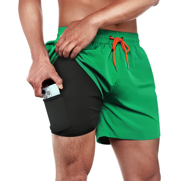 BRISIRA Bañador para hombre, pantalones cortos de natación de secado rápido, entrepierna de 5.0 in, pantalones cortos de playa con forro de compresión y bolsillo con cremallera, color verde