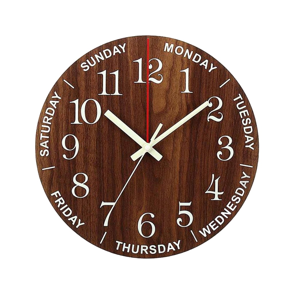 Wooden 12'' Wall Clock Silent Hotel Glow in the Dark Bedroom Wall