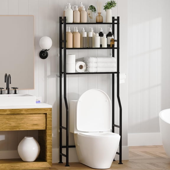 3-Tier Over Toilet Storage with Anti-Tilt Safety System – 150 lb Total Capacity, Metal Bathroom Shelves with Paper Holder & 4 Hooks, Complete Over Toilet Bathroom Organizer (64" H, Black)