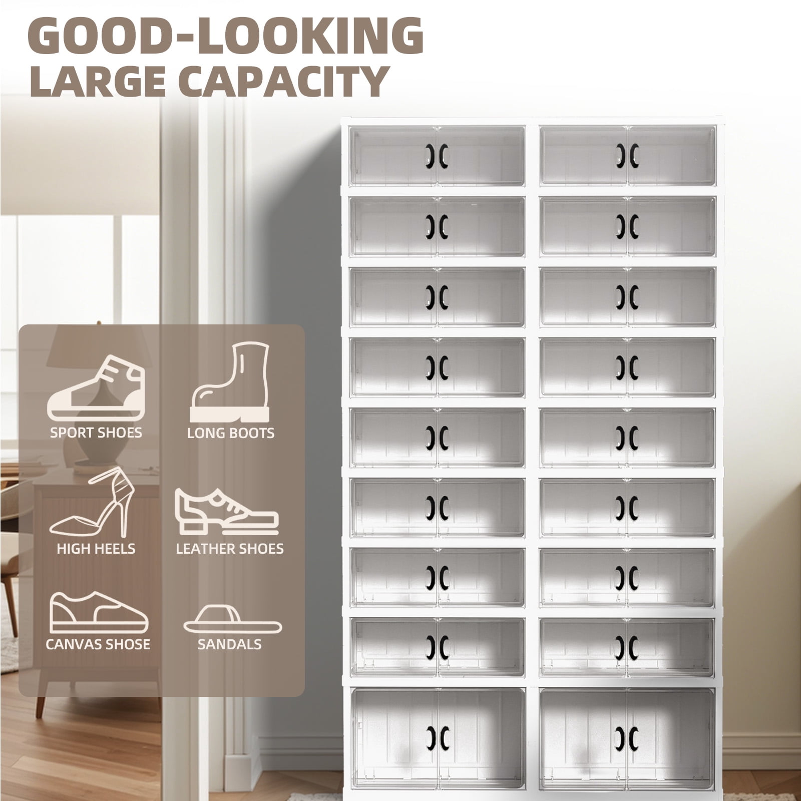 9 Tiers 2 Row Foldable Shoe Rack, Transparent Shoe Boxes with Magnetic Double Doors