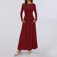 thumbnail image 3 of Oplxuo Women's Fitted Long Sleeve Maxi Dress, 2024 Fall Crewneck Pleated Swing A-Line Lounge Slip Dresses wth Pockets, 3 of 7