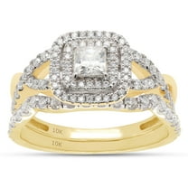 AFFY 1CT Princess & Round Moissanite Diamond Infinity Double Halo Bridal Ring Set 10K Yellow Gold-7