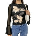 thumbnail image 4 of Seyurigaoka Women Juniors Round Collar T-shirt, Printing Mesh Splicing Flare Sleeve Tops, 4 of 8