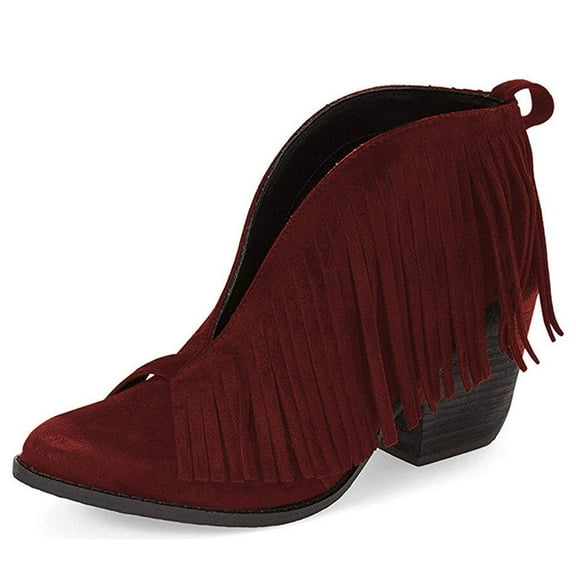 YDN Women Fashion Western Tassels Ankle High Boots Round Closed Toe Block Low Mid Heel Retro Casual Booties Shoes Size 7 Wine Red