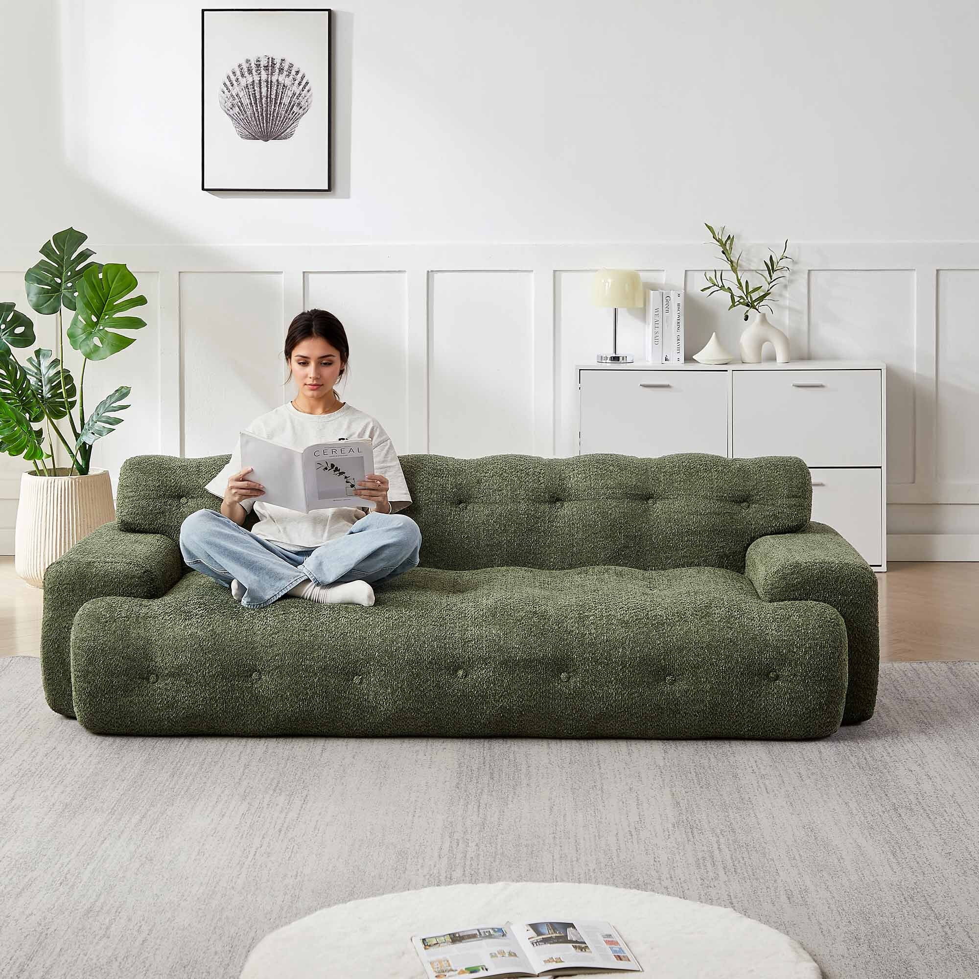 Lunale Boneless Cloud Sofa, No Assembly Required, Modern 3-Seater Chenille Couch for Living Room, Green