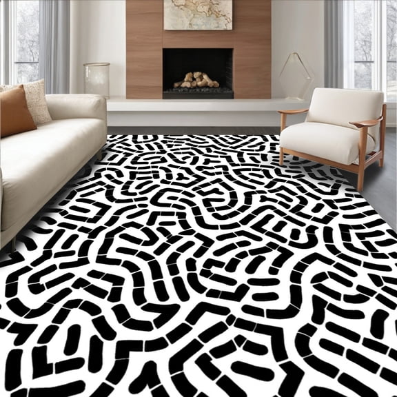 ODIKA 4'x6' Machine Washable Non-Slip Area Rug, Rustic Monochrome Interlocking Spotted with Contemporary Flair High Traffic Rug, Black, 307328