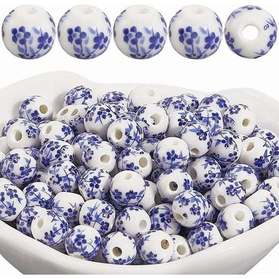 1 Box 180PCS 6MM Blue White Flower Print Porcelain Beads with Hole Chinese Ceramic Handmade Floral Round Vintage Loose Charms Bead Bulk for Jewelry Making Bracelet Necklace Diy Craft Supply