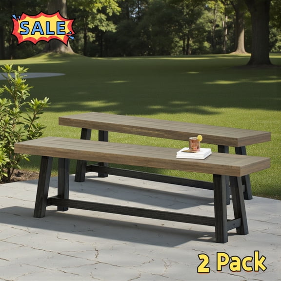 Tcbosik Outdoor Backless Benches Set of 2, Wood Bench for Deck, Garden, Patio, Backyard, Easy Assembly, Grey & Black
