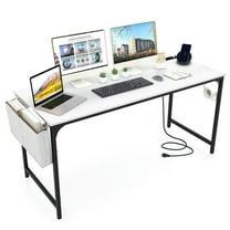 GVN 60 Inch Computer Desk with Charging Station Storage Bag-White, Desk for Bedroom, Gaming Computer Desks for Study,Working,Writing