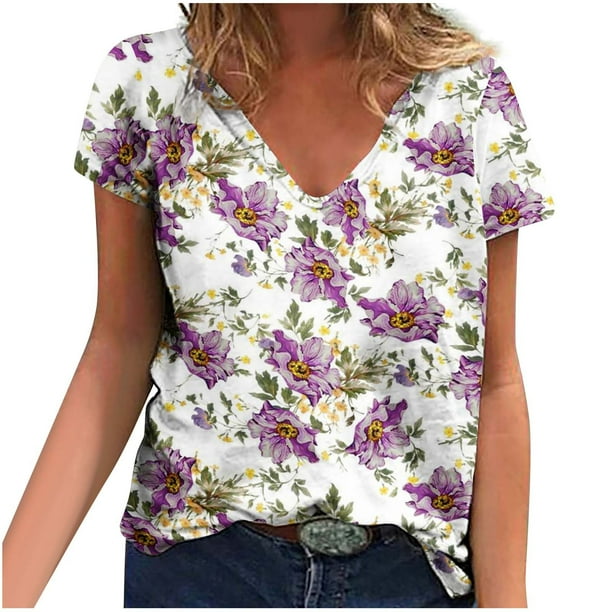 Camisetas con estampado floral con cuello en V para mujer Blusas femeninas cómodas a la moda Tops OAVQHLG3B Store lin121212