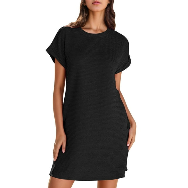Lenpel Robe T-Shirt pour Femme, Couleur Unie, Manches Courtes, Col Ras du Cou, Robe Tunique, Été, Décontractée, Mini, avec Poches