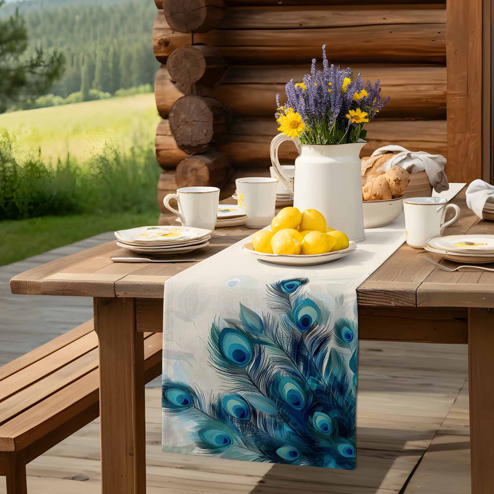 Table Runner Teal Peacock Feather Table Decoration for Kitchen Dinning Green Table Decoration for Indoor Outdoor Party Wedding Decor 13x90 Inch