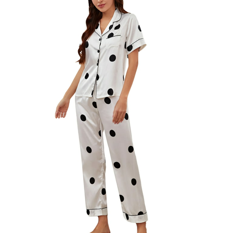 Polka Dot Feather Trim Shirt & Pants Pajama Set