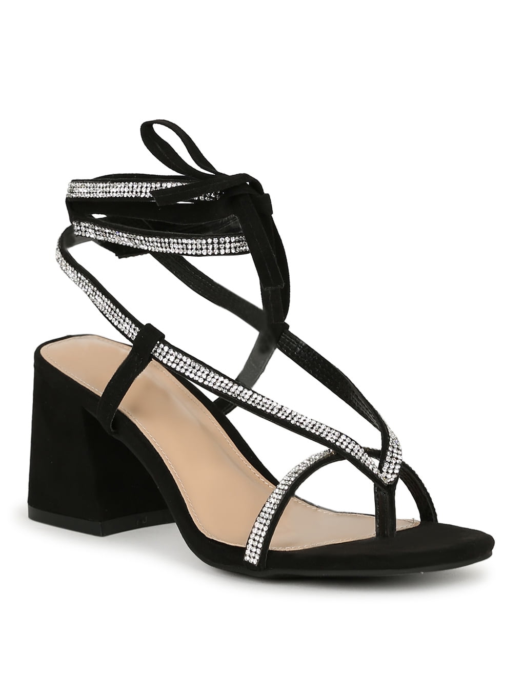 black wrap around block heels
