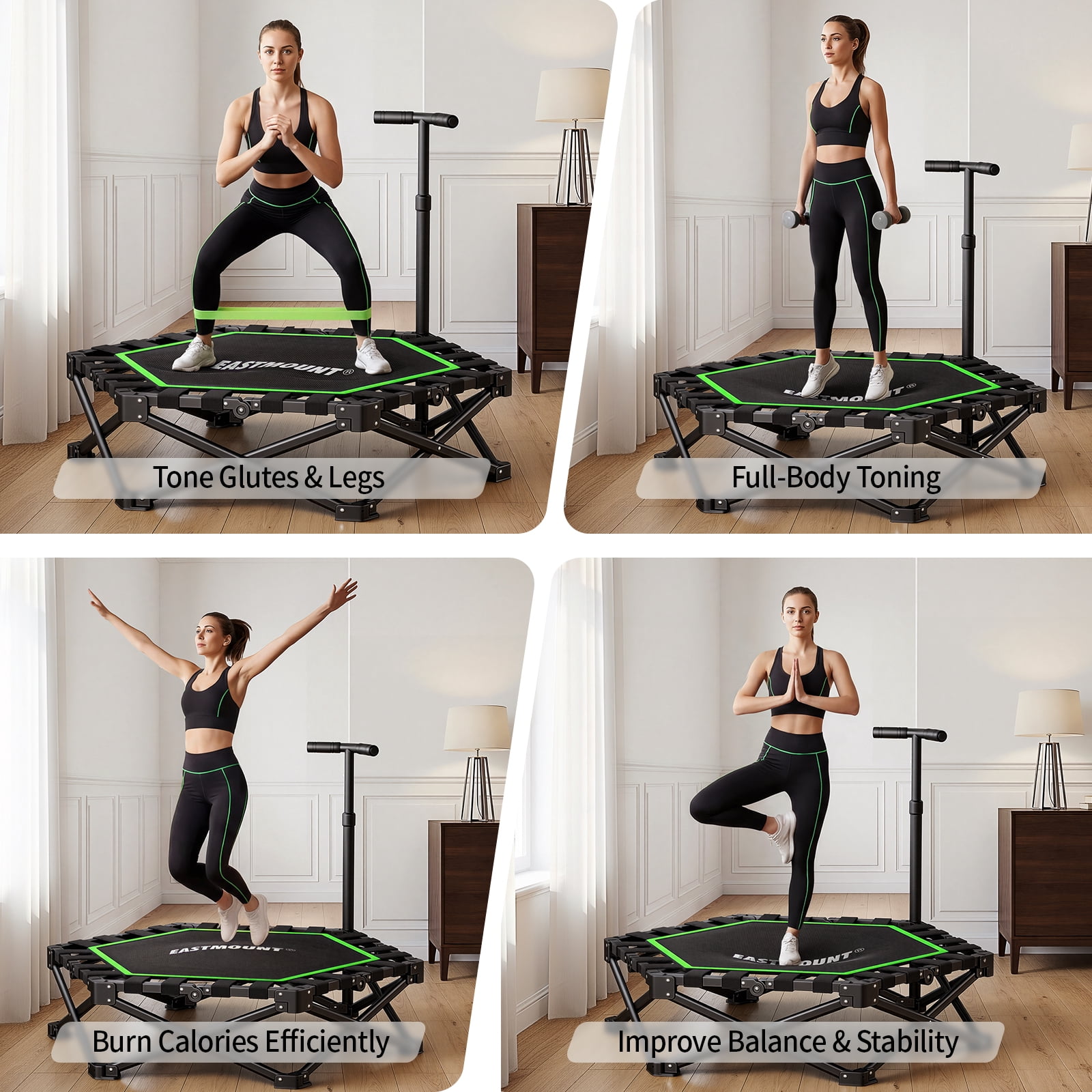 EAST MOUNT 42" Foldable Mini Trampoline for Adults, No Assembly Ultra Quiet Fitness Rebounder with Adjustable Handle, 450LBS Capacity Low Impact Exercise Trampoline for Home Gym Apartment