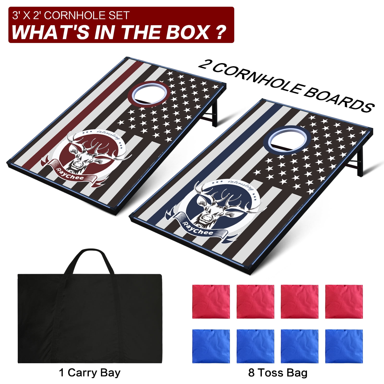 RayChee Cornhole Set with 8 Bean Bags and Carrying Case Outdoor Game Toss Board for Adults Outside Activities