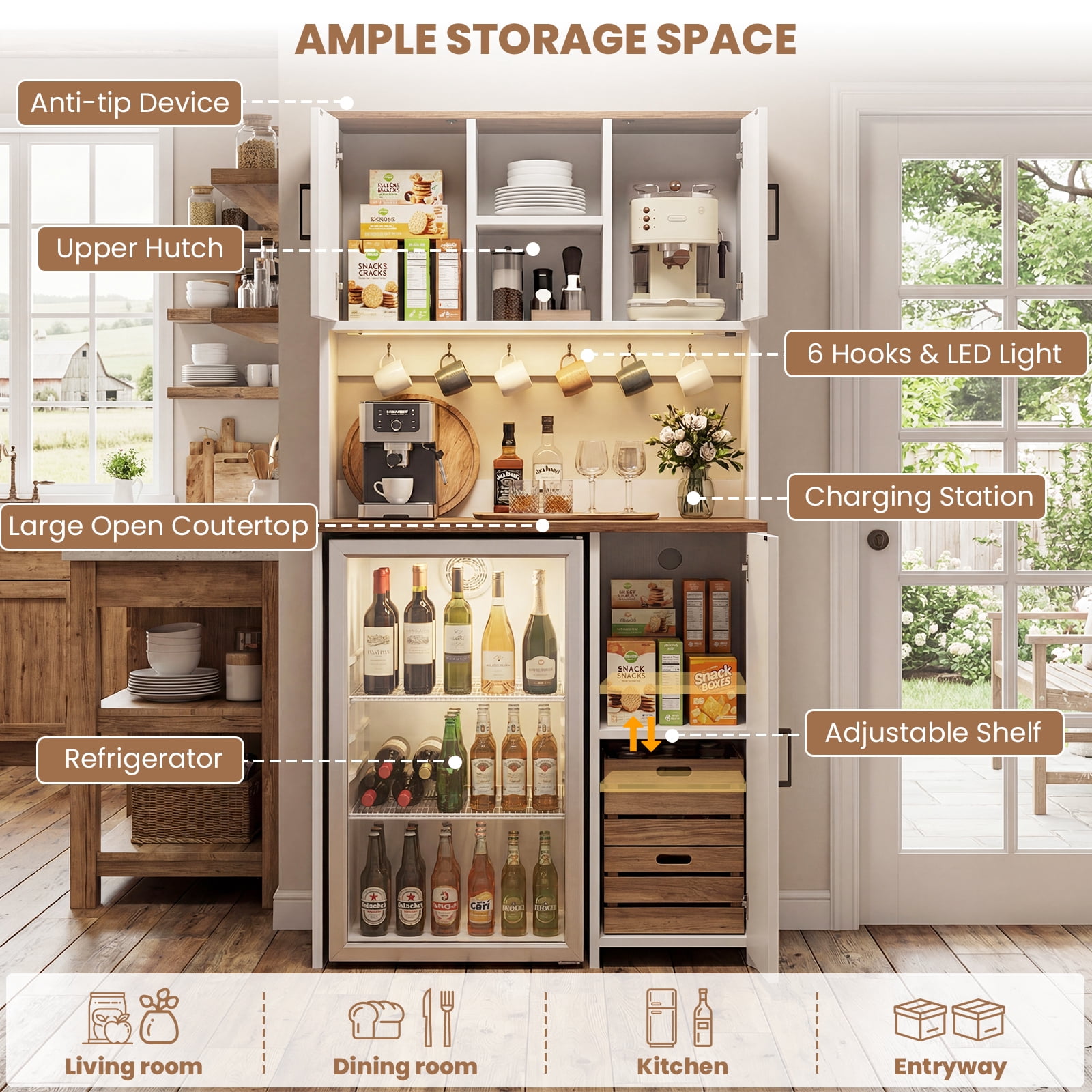 Aheaplus Multifunctional Mini Fridge Cabinet: Coffee Bar, Wine Stand & Beverage Station with Outlet, LED Light & Microwave Shelf, for Kitchen, Dorm, Office,White