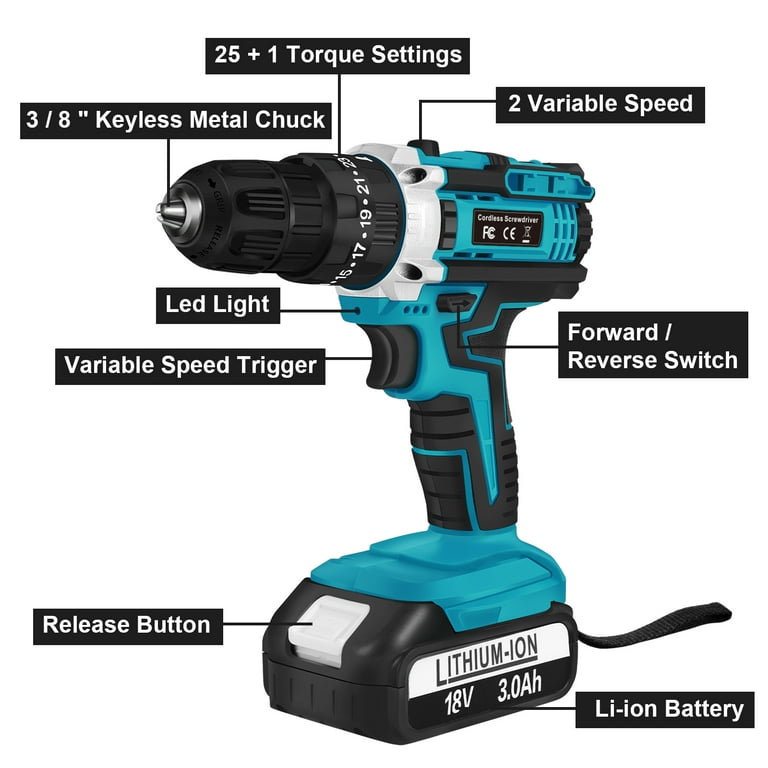 Tegatok Power Cordless Drill, Electric Drill Set with Battery and Charger,  20V Electric Handheld Drill Kit with 20+3 Torque Setting, 2-Variable Speed