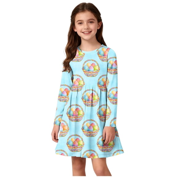 Girls Easter Dress Long Sleeve Floral Print Light Blue Kids Big Kid Casual Spring Church Dress with Pockets Polyester Spandex,Size 9-10 T