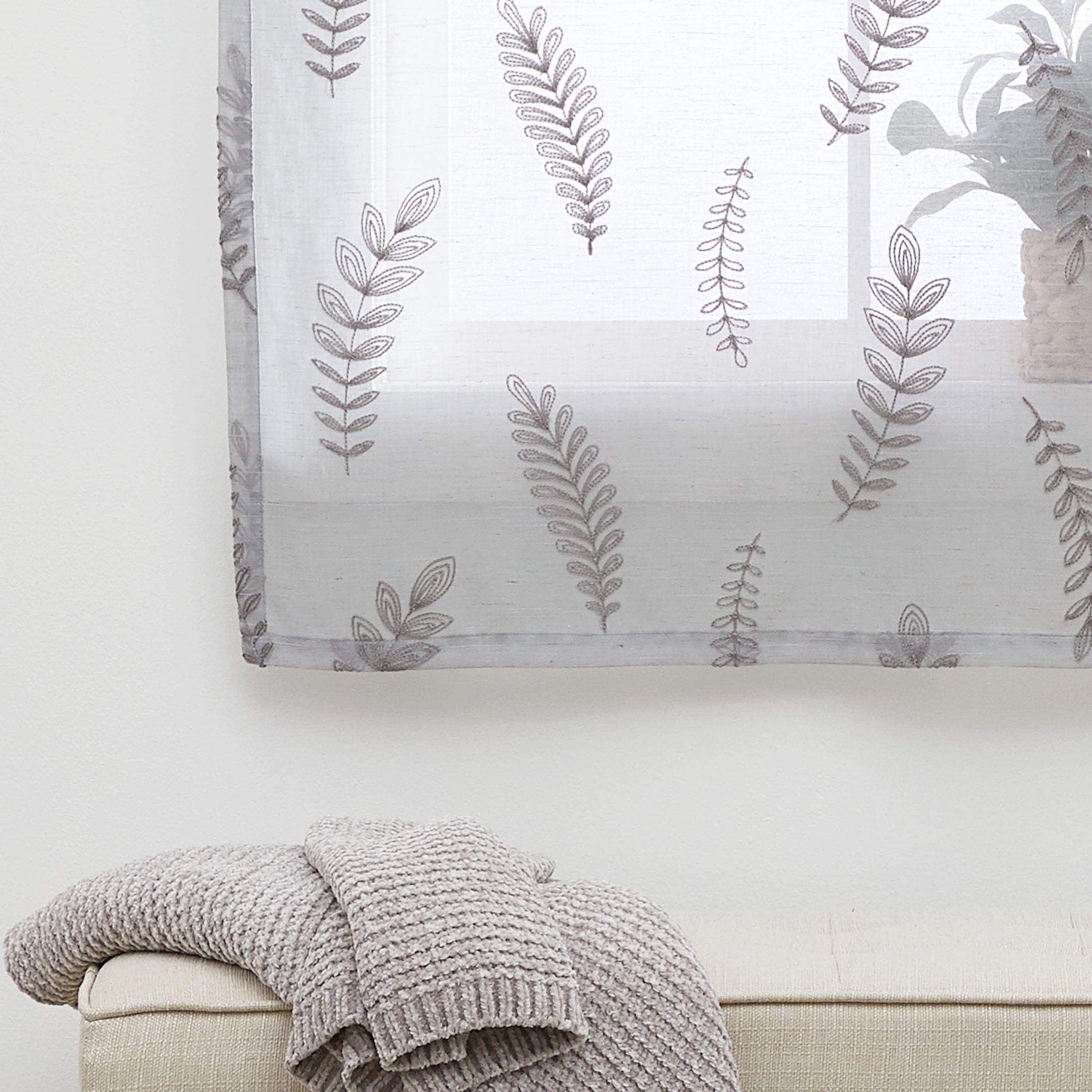 Better Homes & Gardens Embroidered Botanical Balloon Shade, Soft Silver, Polyester, Recycled Poly, Linen, 42"W x 63"L, 1 Piece, Indoor Window Curtain, Adult