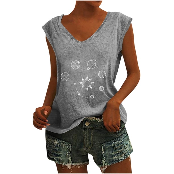 Camisetas sin mangas con cuello en V de verano para mujer, camisetas de manga corta con estampado de cuerpo celeste Retro OAVQHLG3B Store lin121212