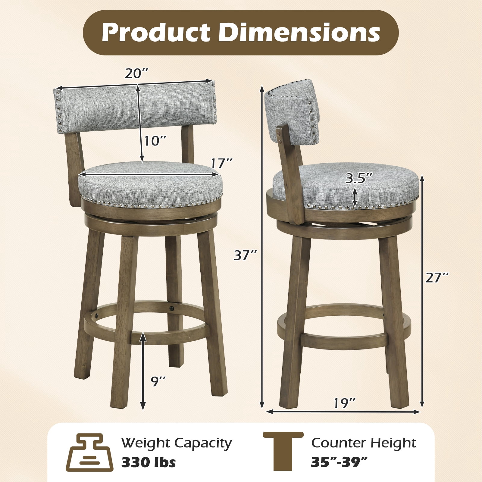 Gymax Swivel Counter Height Bar Stool Upholstered Barstool w/ Padded Back & Rubber Wood Legs
