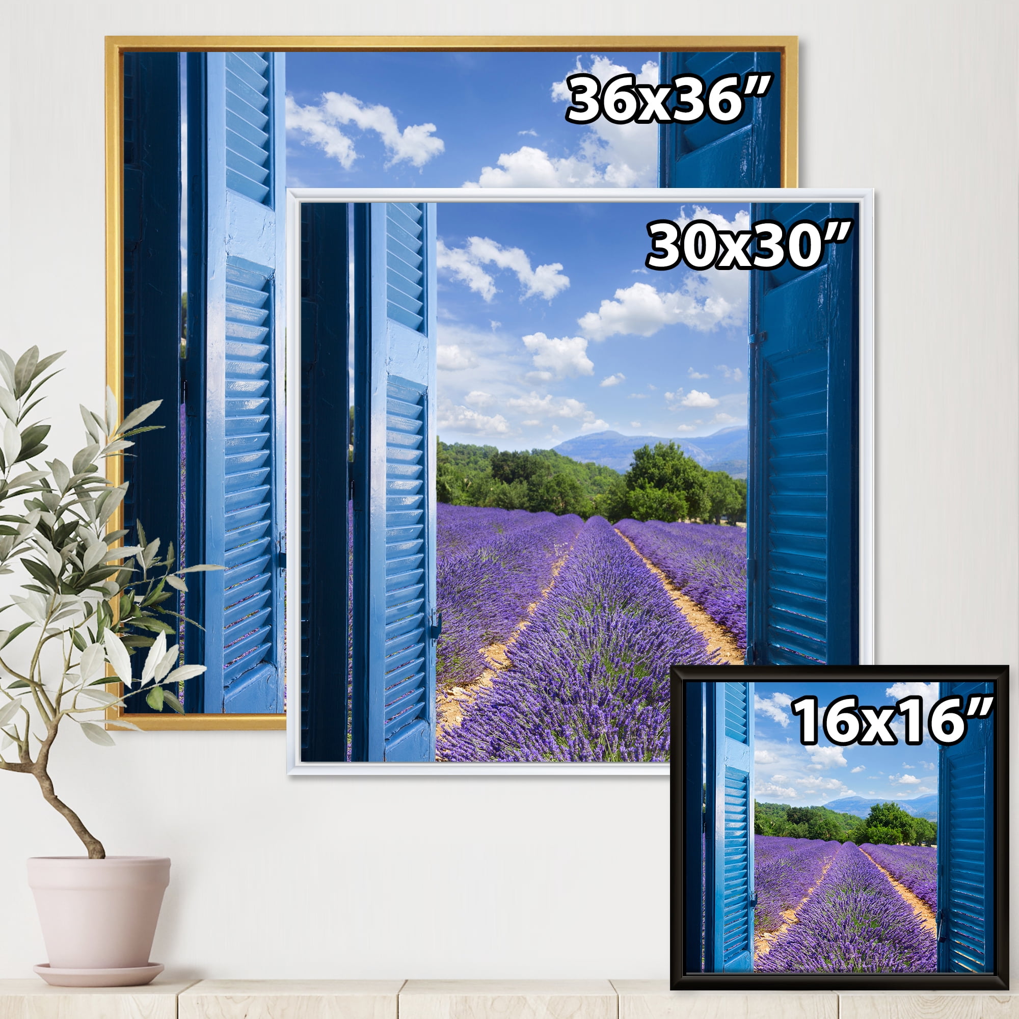 Designart 'View of Lavender Field Through Blue Open Cottage Window' Farmhouse Framed Canvas Wall Art Print