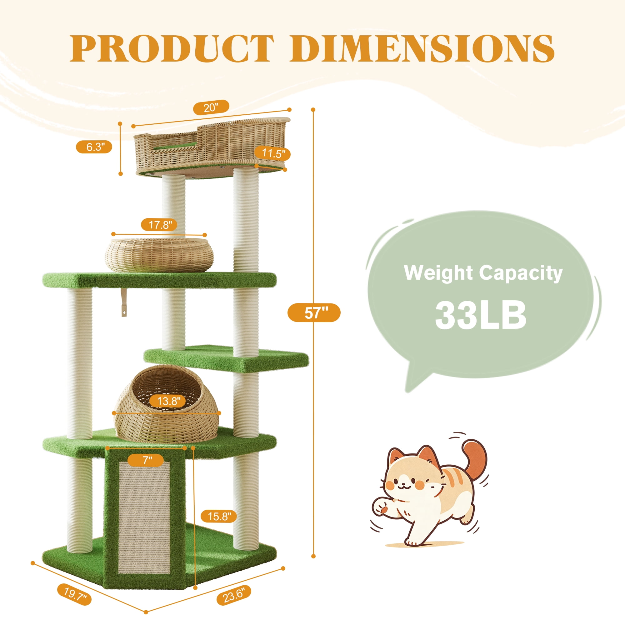 Amolife 57"Large Cat Tree Tower with Teddy Fleece Rattan Condo, Scratching Ramp and Posts for Indoor Cats and Kittens, Green