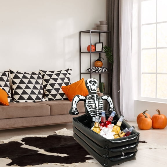 HOARBOEG 31.5in Inflatable Skull Ice Bucket, PVC Halloween Beverage Chiller for Parties, Portable Deflatable Cooler Trough with Realistic Skeleton Design