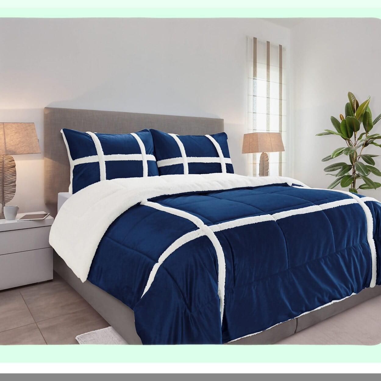 Royal Blue Stripe Sherpa Comforter Set Plush Queen Size Bedding with Reversible Design Soft Sherpa Backing and Textured Comfort Weight Walmart