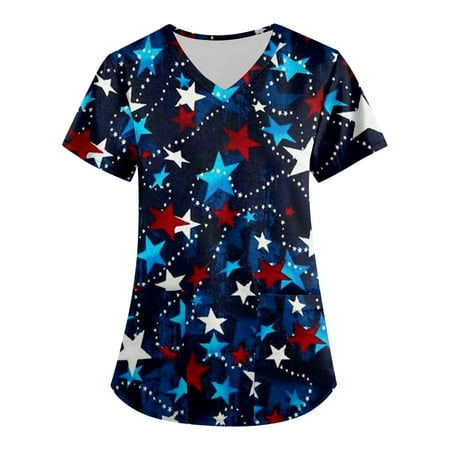 

TKing Fashion Womens Summer Plus Size Independence Day Short Sleeve V-Neck Printed Tops Scrub Loose Nursing Working Blouse with Pocket Multicolor XL