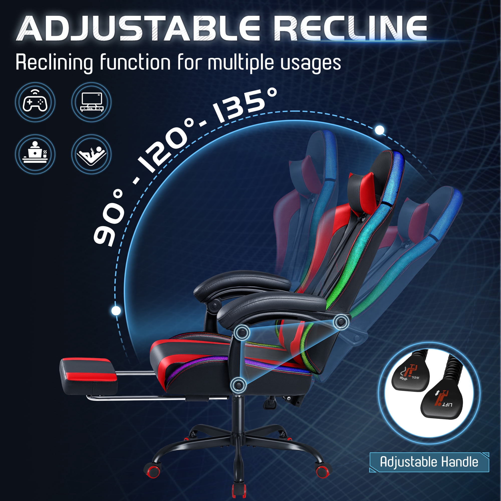 Homall RGB Gaming Chair with APP & Remote Control, LED Lights Ergonomic Computer Chair with Footrest & Massage Lumbar Support, Red