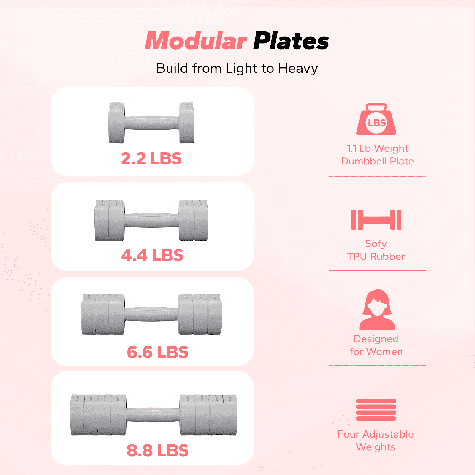 MERACH Adjustable Dumbbell Set, 4 in 1 Free Hand Weights for Women, Home Gym, 8.8 lbs, Set of 2