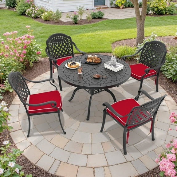 Hzzkey 5-Piece Cast Aluminum Patio Dining Set and Red Cushion Chairs and Round Table Black
