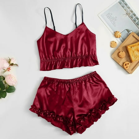 

QWERTYU Womens Silk Cami and Shorts Sets Pj Set Lounge Ruffle Pajamas Set Nightwear Two-Piece Sleepwear Red M