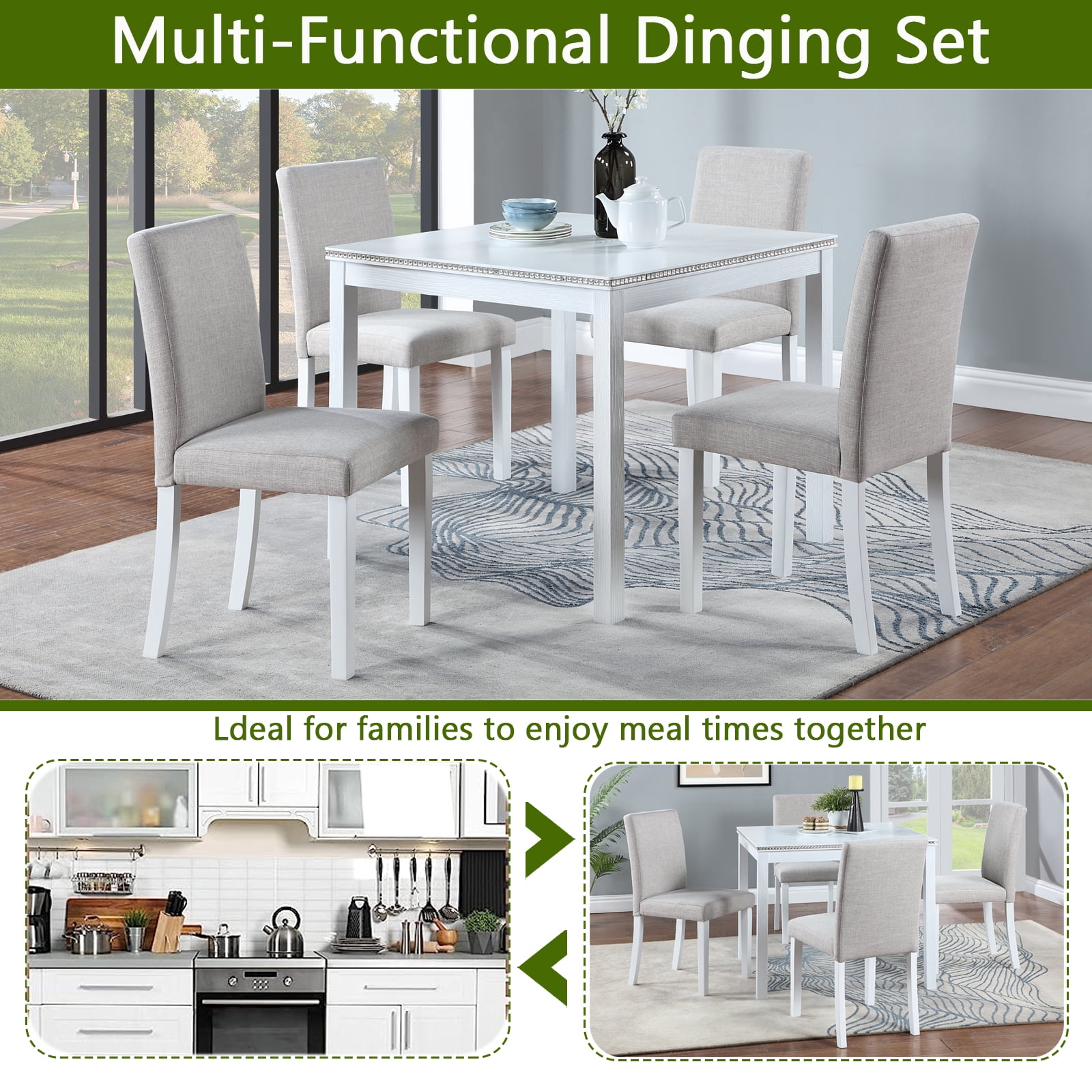 MAYEERTY 5 Piece Wooden Dining Table Set, Kitchen Table Set with a Square Table and 4 Upholstered Chairs, Wooden Dining Room Table with Crystal Decoration Chairs Set,White