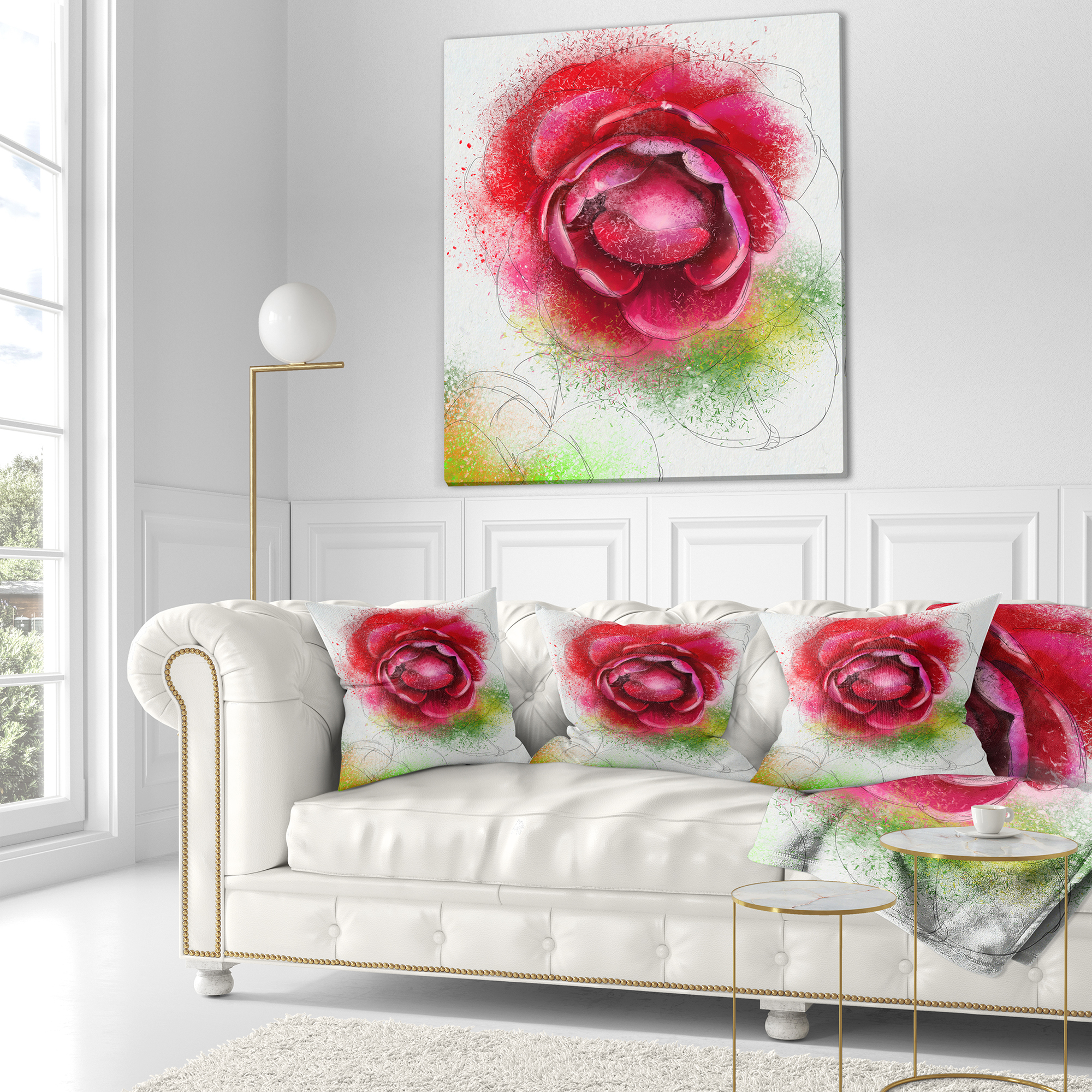 Designart Large Blooming Red Rose on White - Flowers Throw Pillowwork - 16x16