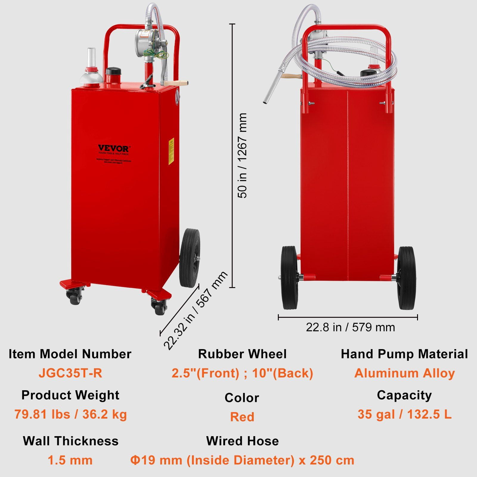 Fuel Caddy, 35 Gallon, Gas Storage Tank on 4 Wheels, with Manuel Transfer Pump, Gasoline Diesel Fuel Container for Cars, Lawn Mowers, ATVs, Boats, More, Red