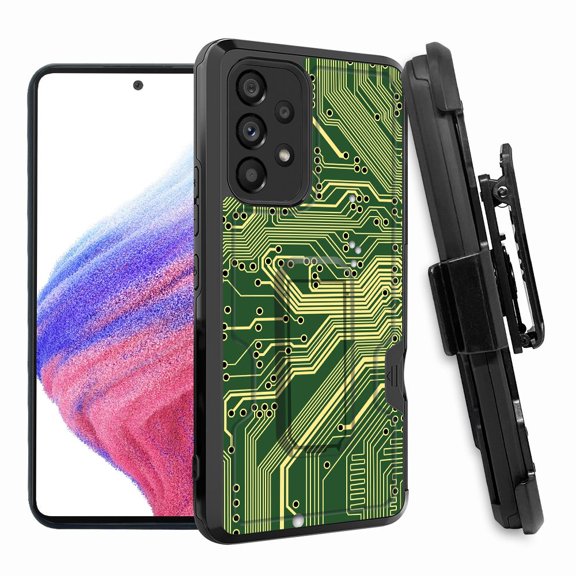 ANJ  Rugged Shockproof Hoster Case w/Card Slot, Kickstand   Tempered Glass Cover for Samsung Galaxy A33 5G - Green Circuit