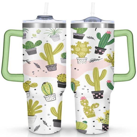 Cup with Handle and Straws 40 oz Stainless Steel Cactus Travel Cup Birthday Present for Men Dad Son Husband Gifts for Him/Her Water Bottle