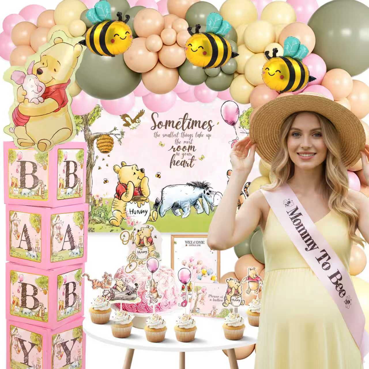 271 Pc Classic Winnie the Pooh Baby Shower Decorations for Girl, Pink Vintage Pooh Bear Balloon Arch Decoration Kit with Backdrop, Banner, Baby Boxes, Sash and Table Decorations