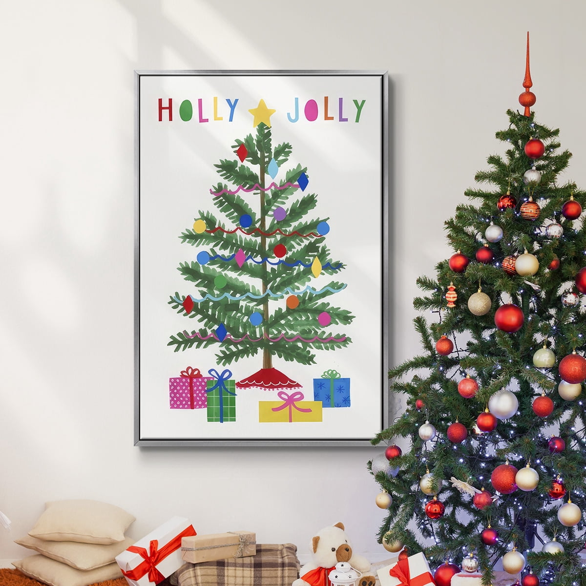 Colorful Christmas Collection B - Framed Gallery Wrapped Holiday Canvas - 27 x 41 - Silver Frame