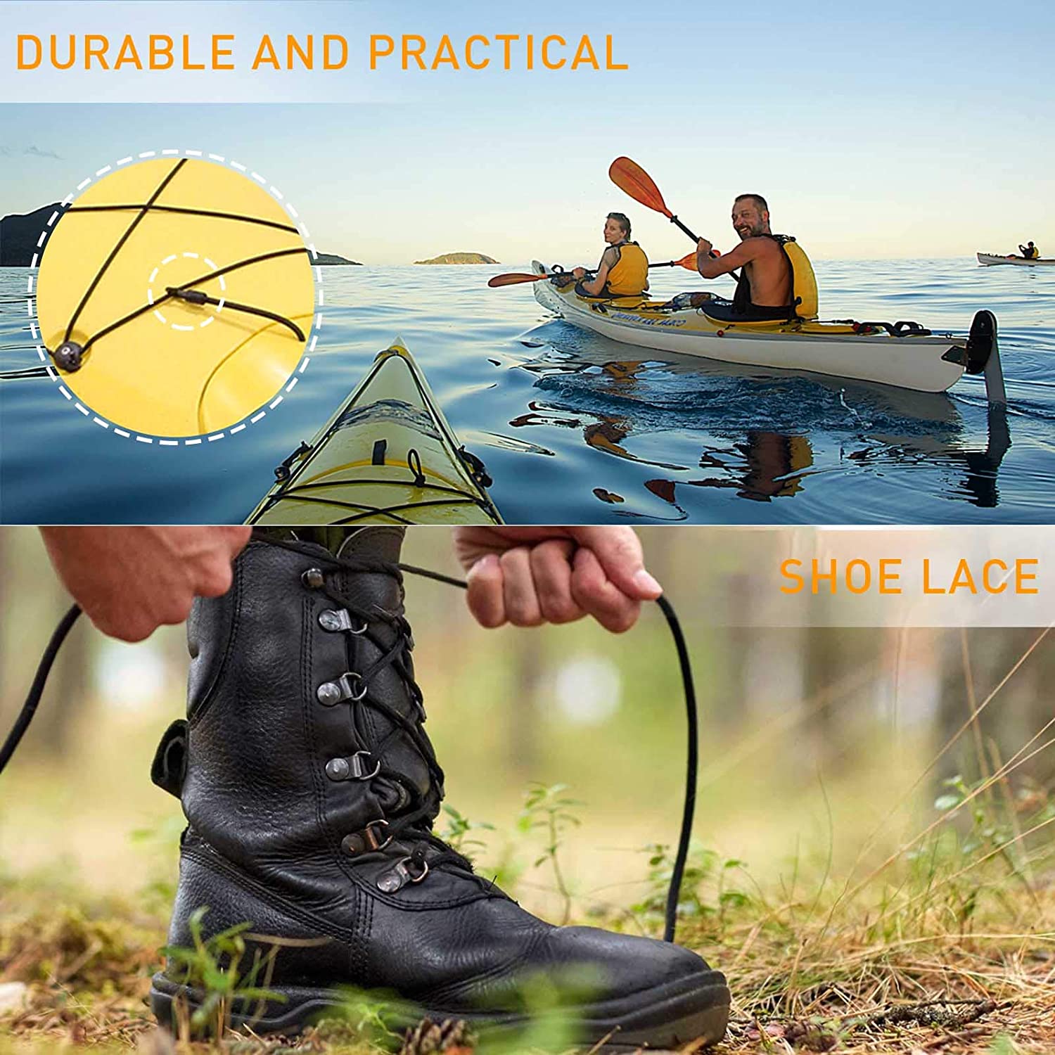 1/4" x 52 ft Bungee Shock Cord, Elastic Kayak Stretch String Rope with Bungee Hooks, 4pcs Tie Down Trailer Strap for Kayaks Boat Camping Accessories, Outdoor